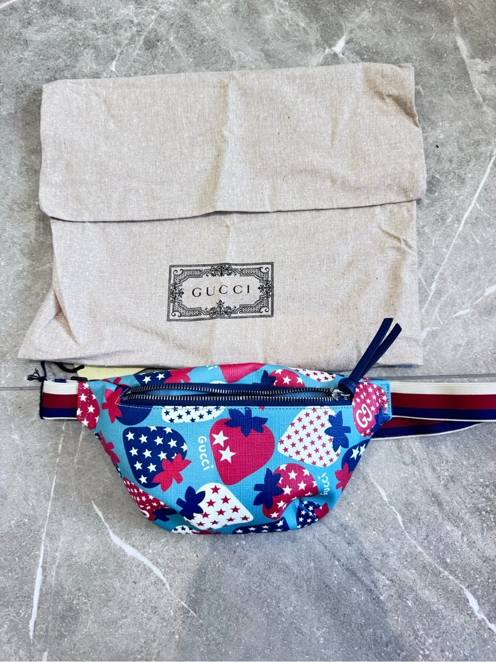 Gucci Blue, Red & White Strawberry Print Crossbody Belt Bag